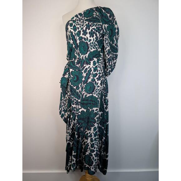 J Crew Collection Dress Womens 6 Green Navy Floral One Shoulder Midi BK996 - Picture 4 of 16